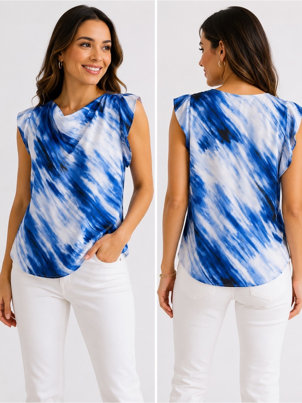 Dkny Blue and White Tie-Dye Cap Sleeve Blouse